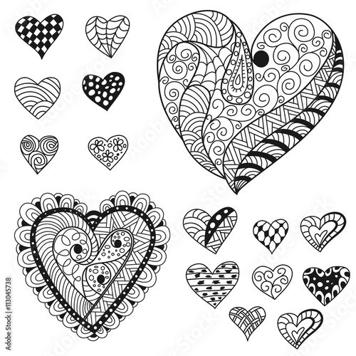 Collection decorative hand drawn hearts with ornament for Valentine Day
