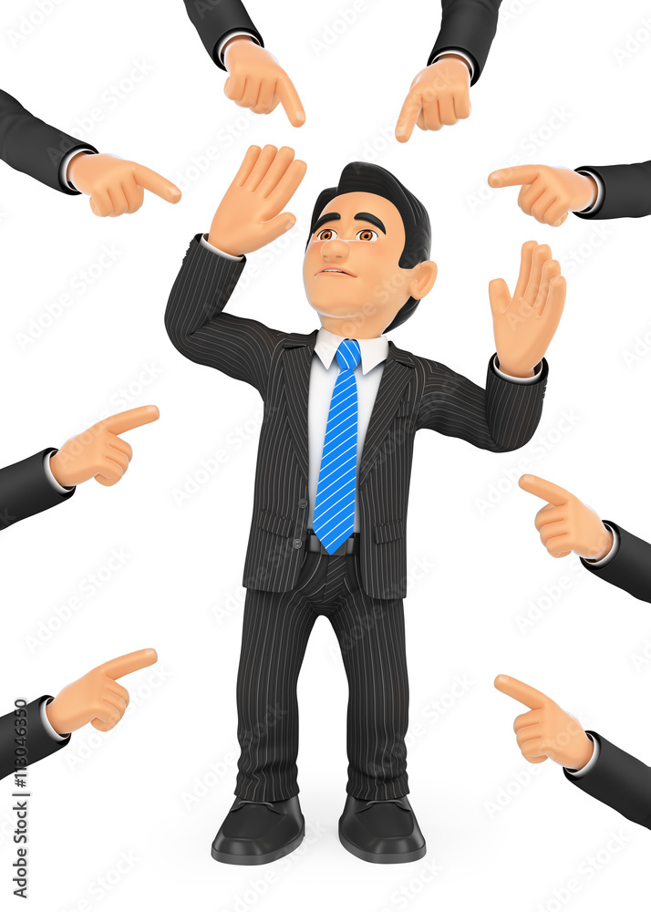 3D Businessman pointed out by many fingers 3D Businessman pointed out by many fingers