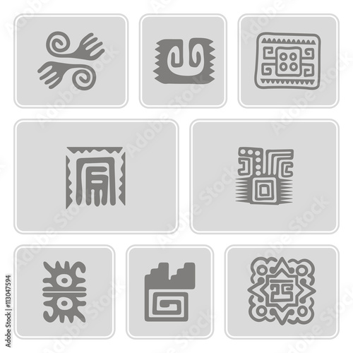 Set of monochrome icons with American Indians art and ethnic ornaments