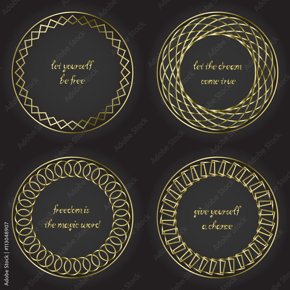Obraz premium Round decorative frames set. Collection of circle design templates. Golden outline decor.Monoline vector illustration.