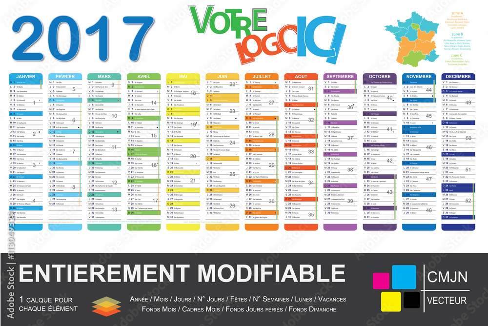 Vecteur Stock Calendrier 2017 français avec jours fériés entièrement