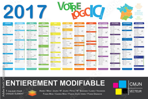 Calendrier 2017 français avec jours fériés entièrement modifiable un calque par catégorie photo