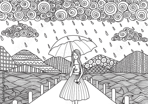 Beautiful girl walking on the bridge while it's raining, doodle art design for adult coloring book pages and other decorations