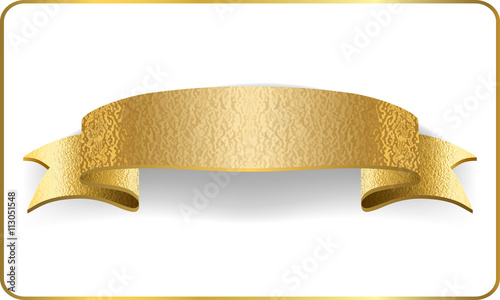 Gold foil empty ribbon. Golden blank banner. Design decoration element, isolated on white background. Vintage retro style. Template flag, greeting, card. Symbol guarantee product. Vector illustration.