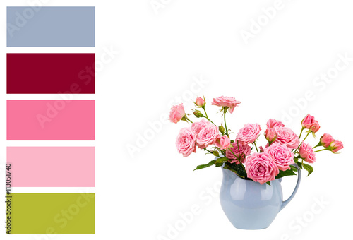 Pink flowers in blue jug in a colour palette with complimentary colour swatches.
