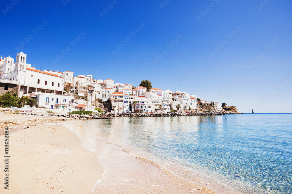Beautiful view at Andros town with beach, Andros island, Cyclades, Greece