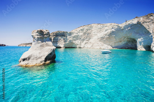 Sailboat in a beautiful bay, Milos island, Greece photo
