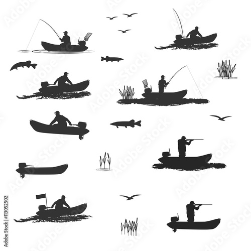 
head coach of the club fishermen rides on a rubber boat with a motor. fisherman in a boat catches a fish , hunter shooting rifle
set of silhouettes. totally vector illustration
