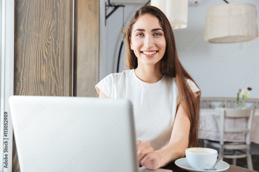 Pretty smiling business woman using laptop in restaurant Pretty smiling business woman using laptop in restaurant