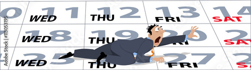 An exhausted cartoon businessman crawling on a calendar to a weekend, EPS 8 vector illustration, no transparencies