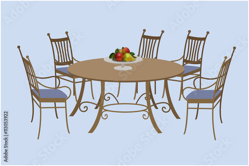 Living room furniture, chairs and a round table, a bowl of fruit. Vector illustration, hand drawing.