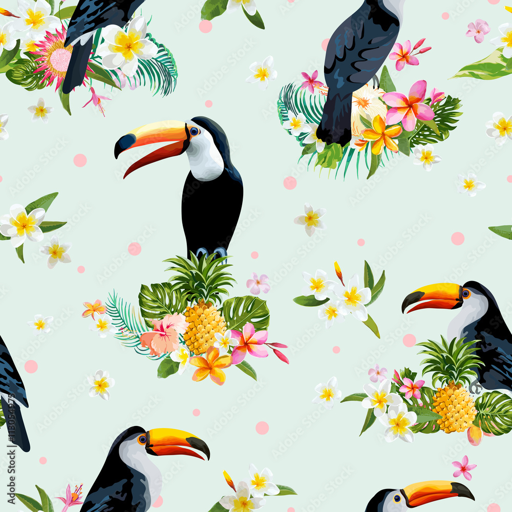 Naklejka premium Toucan Bird. Tropical Flowers Background. Retro Seamless Pattern