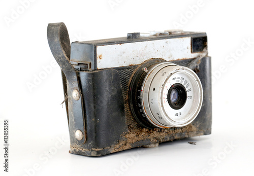 Closeup of old retro rusty film camera photo