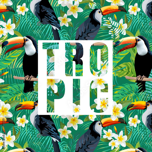 Tropical Flowers and Leaves. Toucan Bird. Vector Background. Exotic Background