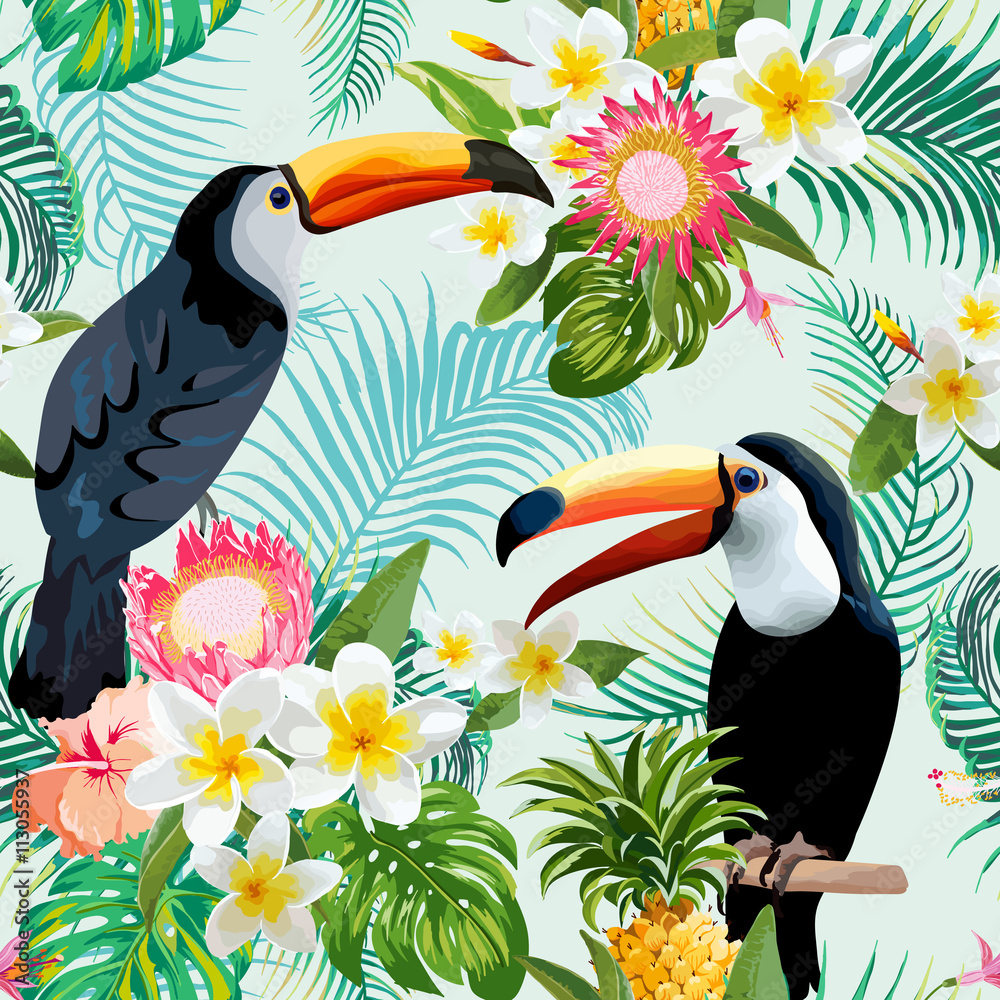 Tropical Flowers and Birds Background. Vintage Seamless Pattern. - obrazy, fototapety, plakaty 