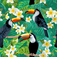 Tropical Flowers and Birds Background. Toucan Bird. Vintage Seamless Pattern