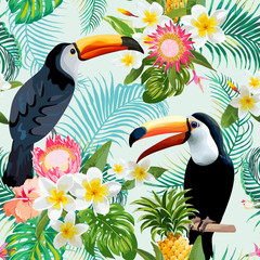 Tropical Flowers and Birds Background. Vintage Seamless Pattern.