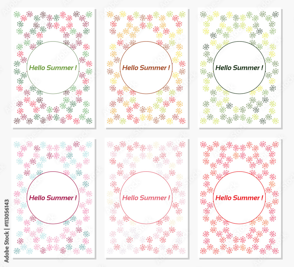 Vector set of design templates,varicolored leaflets and frames A4 size layout, collection of geometric colorful pages for gift card, cover, book, printing, fashion presentation. Hello Summer.