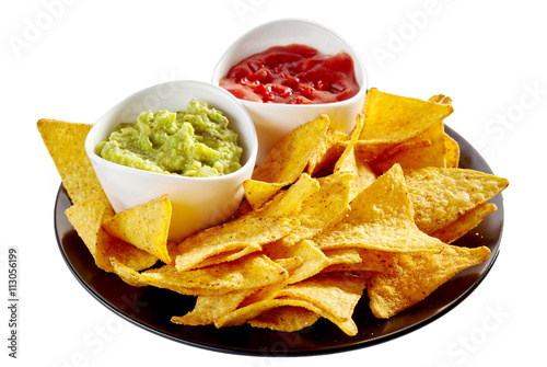 Fotografie Delicious plate of nachos, salsa and guacamole