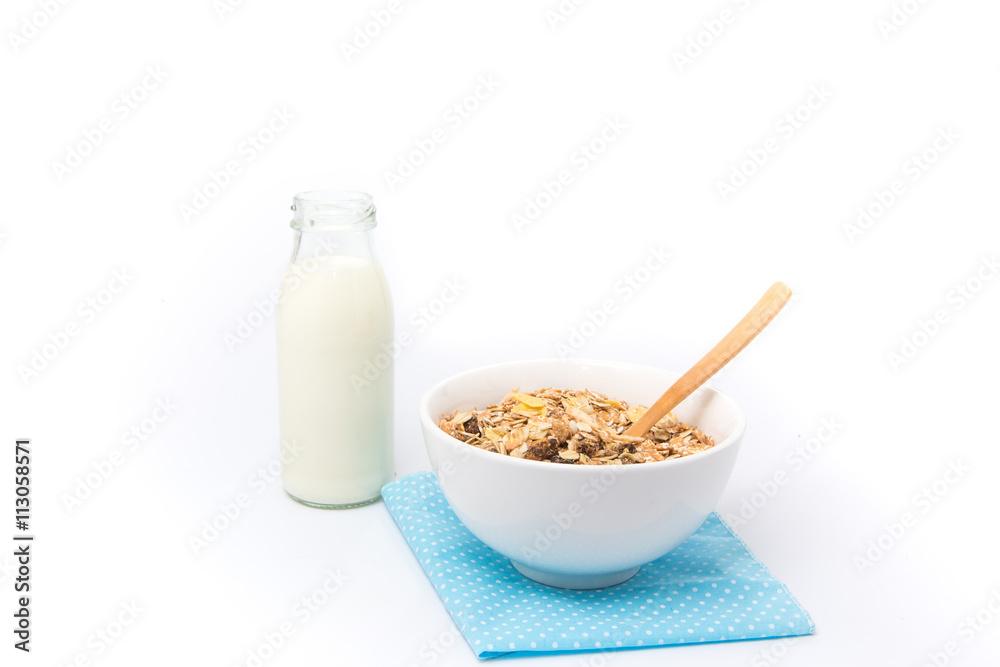 Delicious and healthy cereal in bowl with milk. Morning breakfas Delicious and healthy cereal in bowl with milk. Morning breakfas
