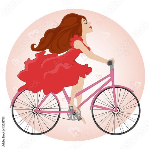 Beautiful young girl rides a Bicycle on a background of hearts. Vector illustration.