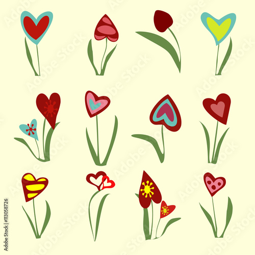Set of colorful hearts on a light yellow background. Vector illustration.