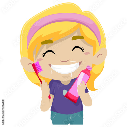 Vector Illustration of Little Girl holding Toothbrush and Toothpaste