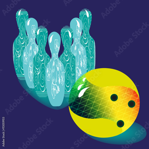 Illustration vector of six skittles for bowling and bowling ball
Vector illustration on a blue background with a pattern of  six  pins and colorful bowling ball for decoration and design
