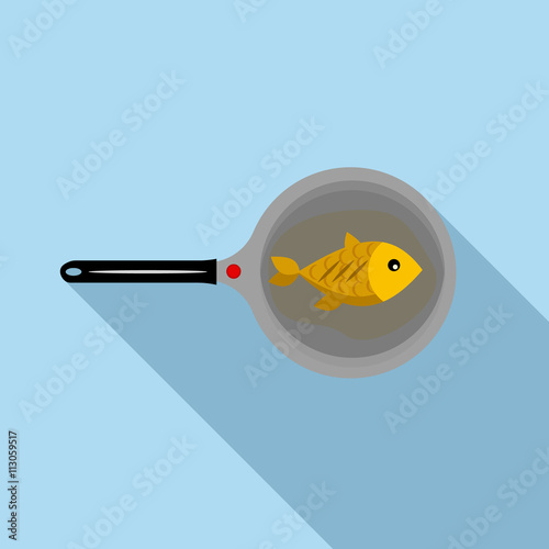 Fish on a pan icon, flat style