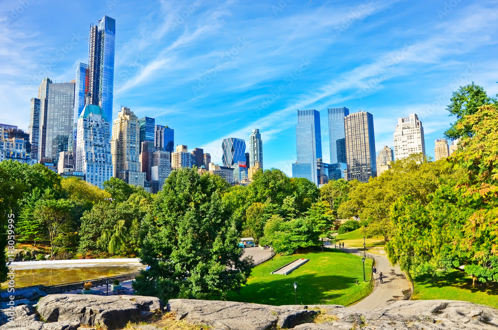 Naklejka premium Widok Central Park w słoneczny dzień w Nowym Jorku.