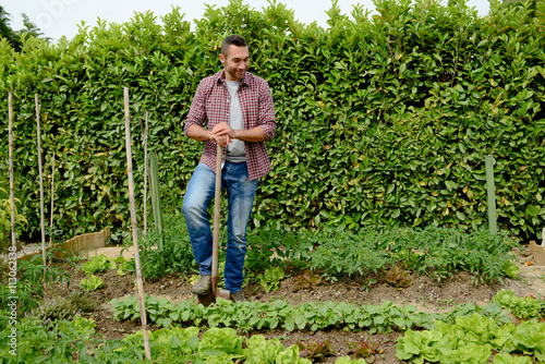 handsome young gardener growing organic bio vegetables
