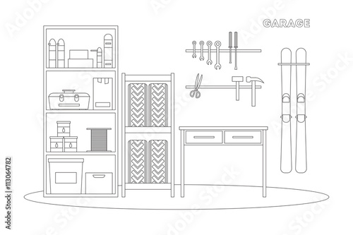 Flat line garage interior. Working place with tools in storeroom. Garage inside. Tools, worker tools, tires, hummer, boxes, shelves, skis, table in garage. Vector interior garage illustration.