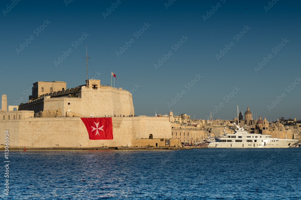 Fort St. Angelo and Super Yacht, Grand Harbour, Birgu, Malta, Eu