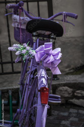 Purple bicycle with a gift wrap and flowers