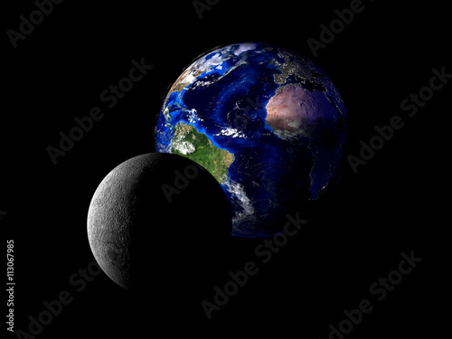 planet Earth and Moon from space on a black background 3d