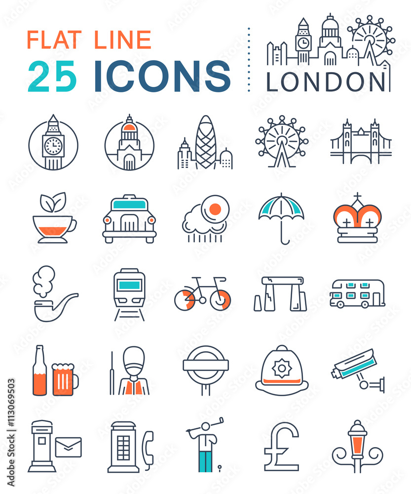 Set Vector Flat Line Icons London and UK Set Vector Flat Line Icons London and UK