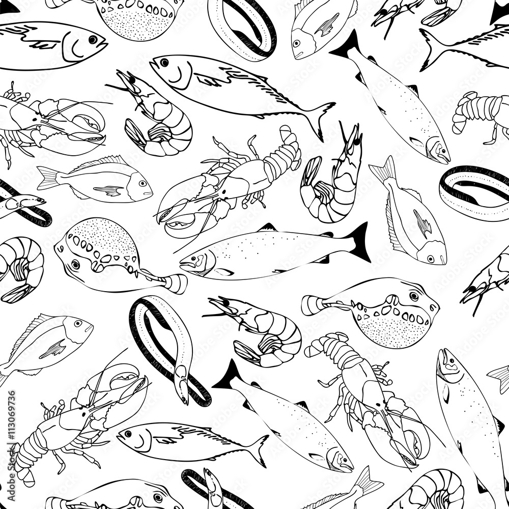 Fototapeta premium Marine fish on a white background seamless pattern for restaurant menus, cards, books, wrapping paper