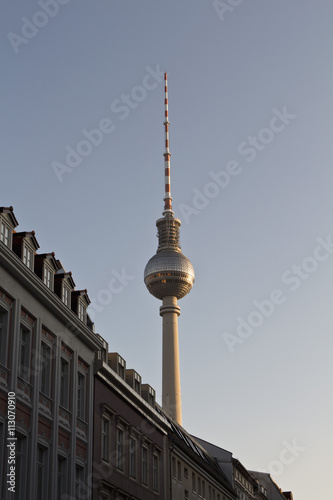 Alexanderplatz Television Tower, behind apartment buildings, Berlin, Germany