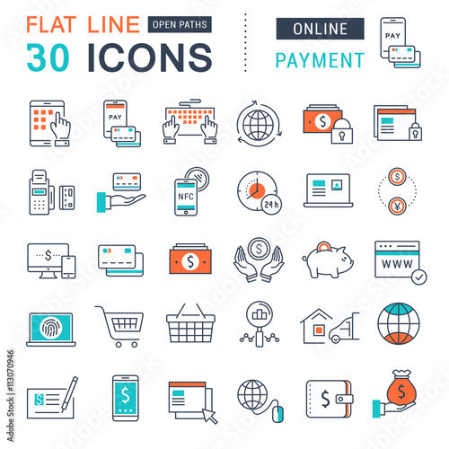 Set Vector Flat Line Icons Online Payment