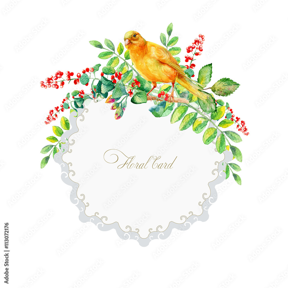 Round frame of watercolor yellow bird and some leaves, berries. Watercolor  illustration of flowers and bird. Can be used as a greeting card.