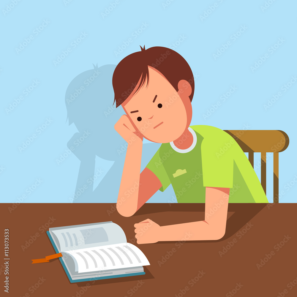 Kid reading a book at the table. Vector illustration of reading kid in the room. The boy sits at the table his head in his hand. The boy learns lessons Kid reading a book at the table. Vector illustration of reading kid in the room. The boy sits at the table his head in his hand. The boy learns lessons