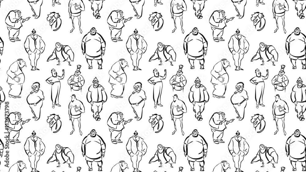 Seamless Fat Men Animatic Pattern, Sketched animated Artwork; Black and White Seamless Fat Men Animatic Pattern, Sketched animated Artwork; Black and White