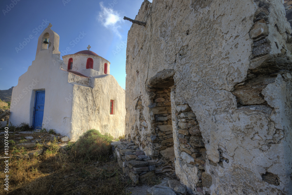 Europe, Greece, Greek Isles, Mykonos, Old building and Chapel in central island location Europe, Greece, Greek Isles, Mykonos, Old building and Chapel in central island location