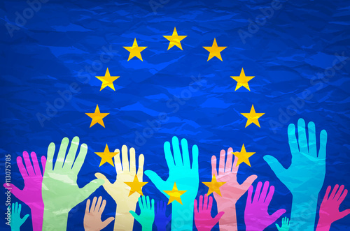 Image of hands on the background of the European flag. make a choice. vote. Cast your vote for Europe