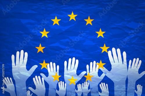 Image of hands on the background of the European flag. make a choice. vote. Cast your vote for Europe