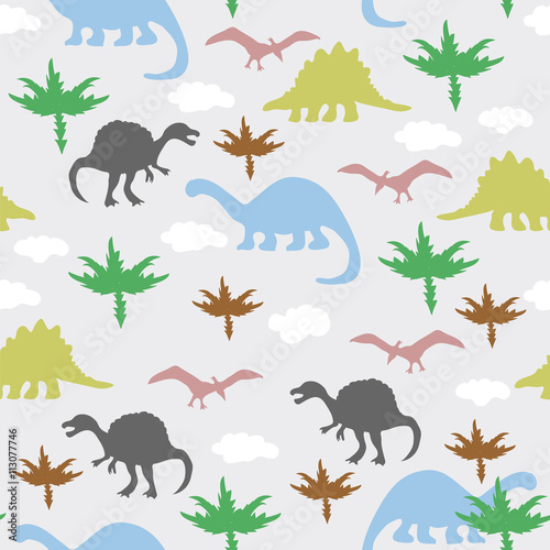 Ornament with dinosaurs, clouds and vegetation. © NataliaL