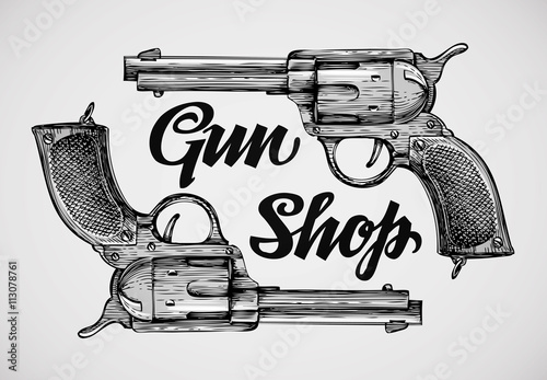 Hand-drawn pistols. Gun shop. Sketch revolver vector illustration