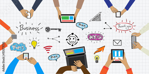 Business plan and mobile technologies, doodle drawing illustration.