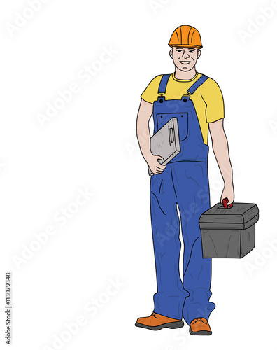 young man working. builder. in overalls and tools. vector illustration.