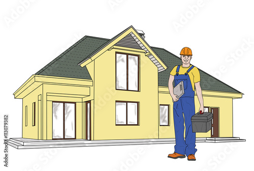 young man working in the background at home. builder. in overalls and tools. vector illustration.